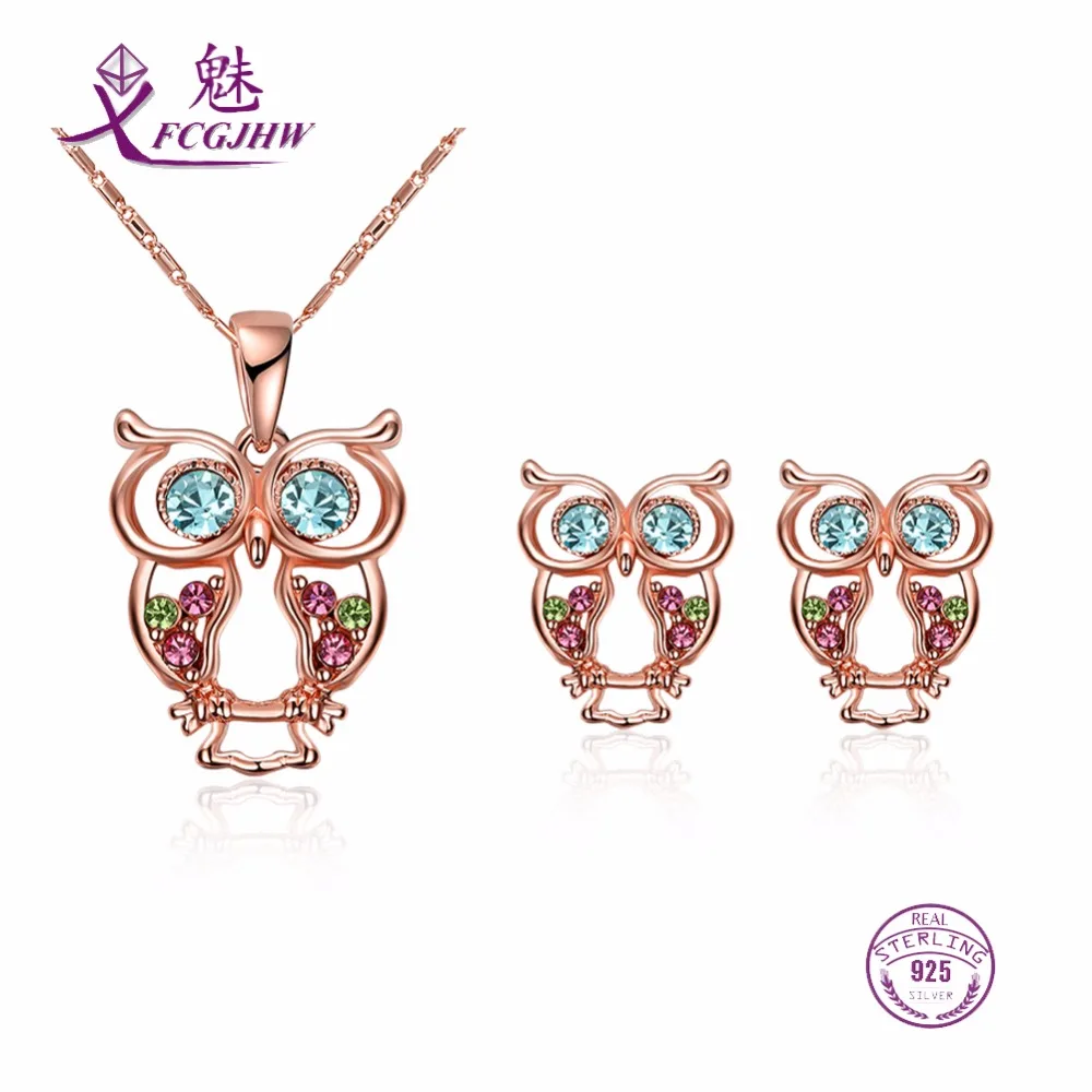 

Sterling Silver 925 Jewelry Sets For Women Fine Jewelry Animal Owl Blue Zircon Rose Gold For Girls Party Valentines Day Gift