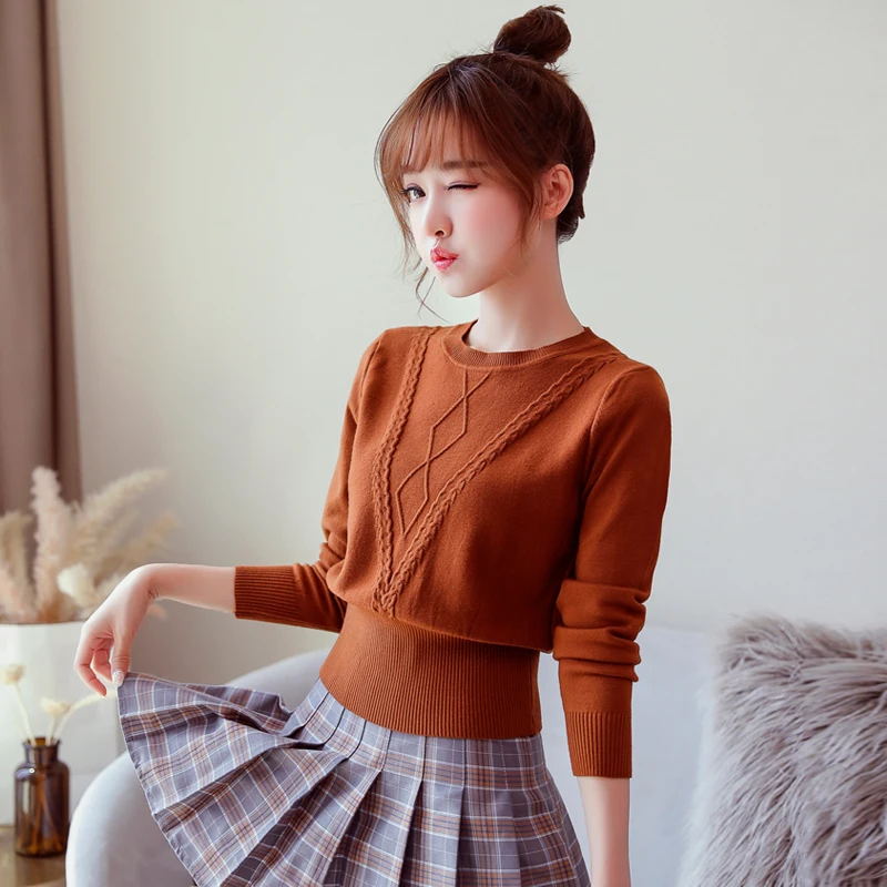 Fashion High Waist Slim Women Sweater Winter Round Neck Knit Pullover Ribbed Elasticity Small Waist Female Student Sweater 2018