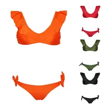 Womens Sexy Two Piece Bikini Set Deep V-Neck Ruffled Flounce Patchwork Bra Low Waist High Cut Side Tie Bowknot Thong Solid Color Womens Sexy Two Piece Bikini Set Deep V-Neck Ruffled Flounce Patchwork Bra Low Waist High Cut Side Tie Bowknot Thong Solid Color
