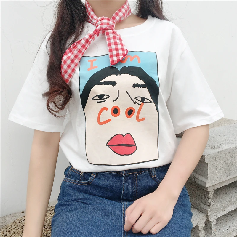 Корейская одежда ulzzang летние свободные Забавные футболки с принтом Женская Harajuku