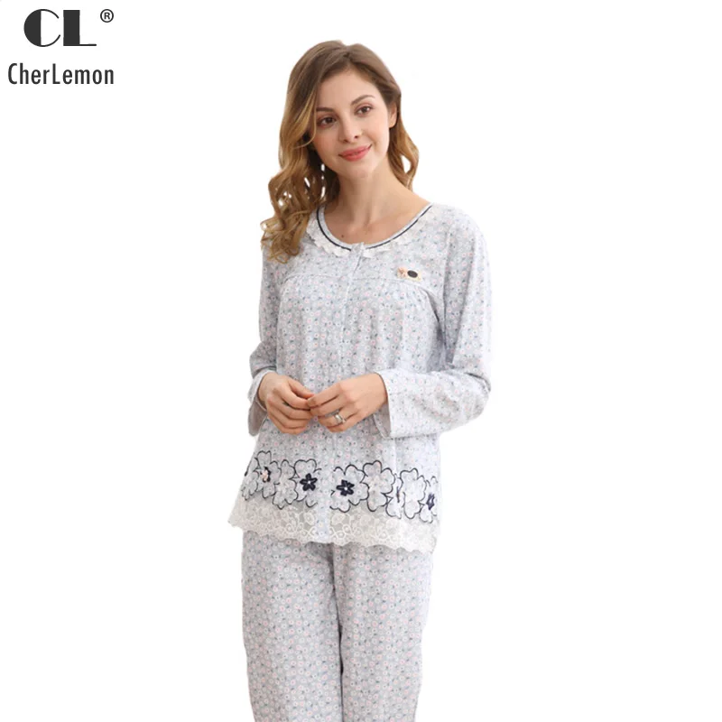 CherLemon Women Spring Cotton Long Pajama Set Round Neck Cardigan