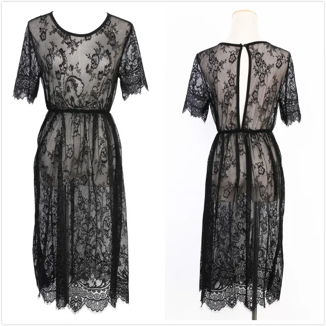 

Black Sheer Sexy Beach Cover Up Lace Embroidered Mesh Cover Ups Short Sleeve Swimsuit Cover Up Summer Dress Beach Wear For Women