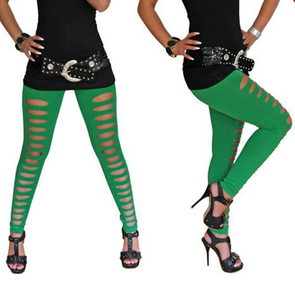 CHSDCSI рваные Леггинсы карамельного цвета женские черные уличные Леггинсы Эластичные Обтягивающие сексуальные штаны Клубные леггинсы для девочек - Цвет: K032 Front Green