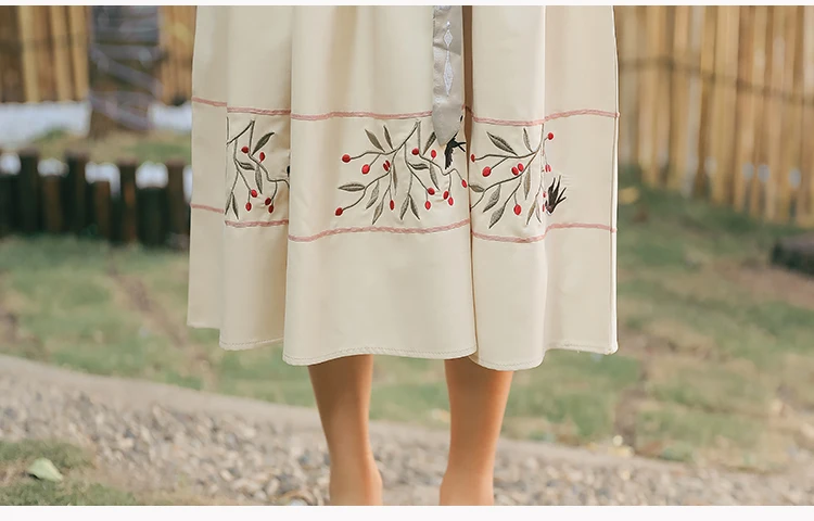 Китайское женское длинное платье династии Хань, воротник-стойка, цветы, птицы, Вышивка лентами, платье миди, летнее винтажное платье для девушек