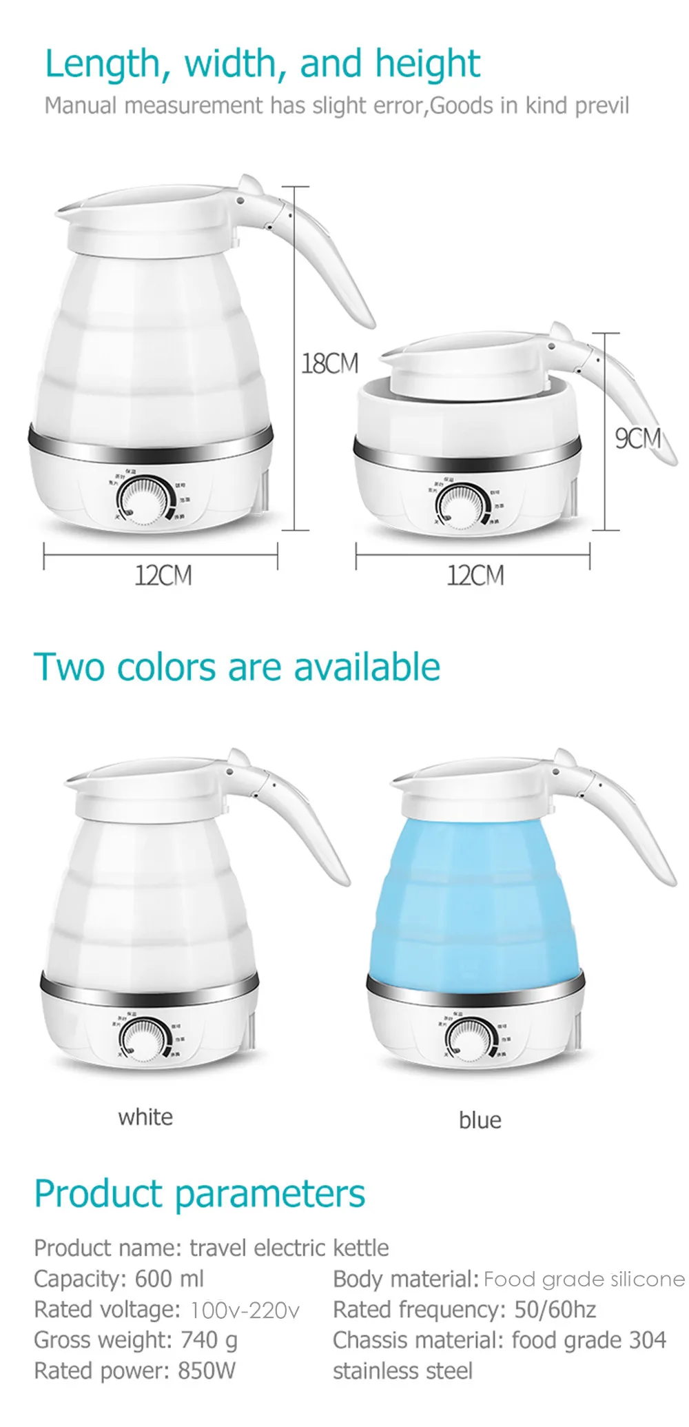 100V-220V Kettle Foldable Electric Kettle 0.6L Mini Portable Travel Camping Kettle Water Boiler Adjustable Voltage Kitchen Home