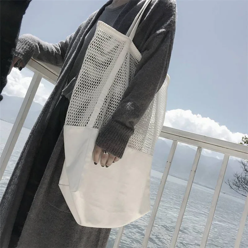 

2017 New Fashion Trend Mesh Hollow Foldable Reusable Shopping Bags Canvas Shoulder Bag Large Capacity Shopping Bag Handbags