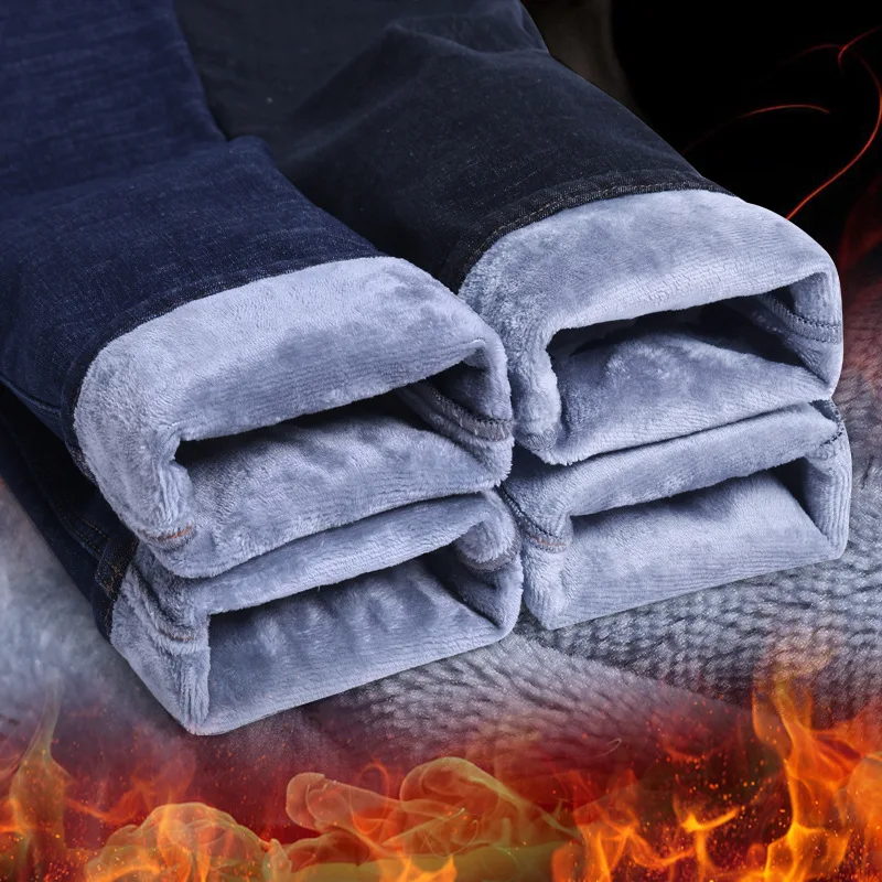

2019 Men Fashion Winter Jeans Men Black Slim Fit Stretch Thick Velvet Pants Warm Jeans Casual Fleece Trousers Male Plus Size