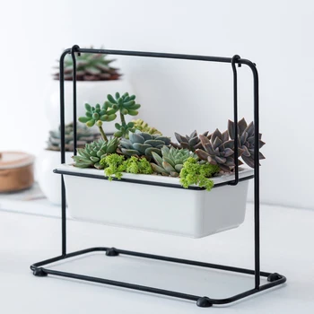 

Nordic Style Creative Ceramic Rectangular White Flower Pots Succulent Planters Iron Rack Stand Holder Home Desktop Decoration