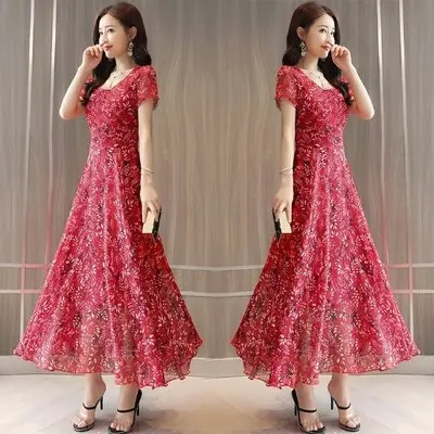 Высокое качество, шифоновое платье А-силуэта для женщин,, горячая распродажа, с принтом, с коротким рукавом, длинные платья и дамские повседневные свободные платья с круглым вырезом, M-3XL - Цвет: red