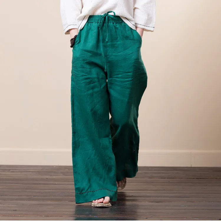 LZJN Women Culottes Wide Leg Pants 2019 Summer Long Trousers Elastic Waist Pockets Solid 5 Colors 100% Linen Pants Loose Bottoms (31)