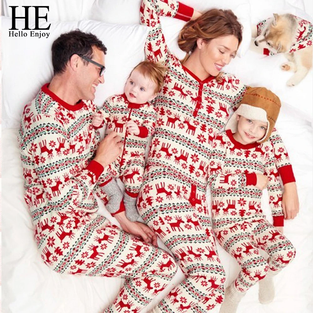 

HE Hello Enjoy Christmas Pyjamas For Family Look Mom And Daughter Matching Clothes Print Red Deer Father Son Sets New Year