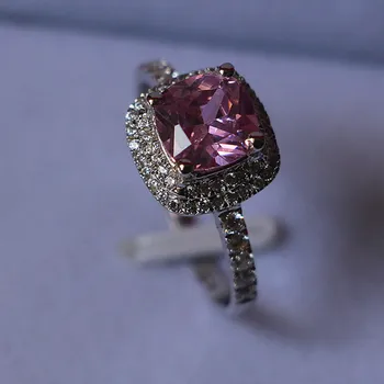 

Wholesale Jewelry 1CT Cushion Synthetic Pink Ring Halo Engagement Jewelry Cushion Ring Real Sterling Silver Propose Ring Luxury