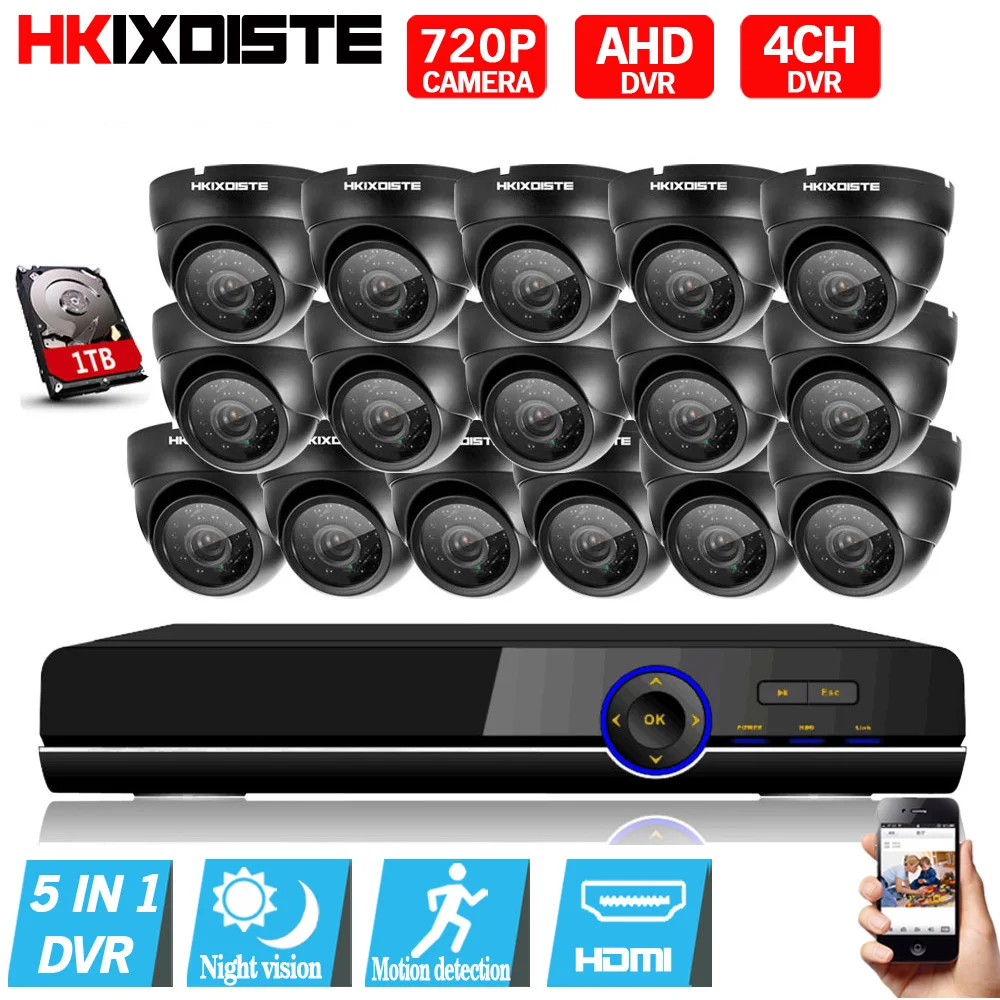 

Home Security CCTV Camera System Standalone Kit 16 Channel CCTV HVR DVR NVR AHD DVR 16pcs 720P 1.0MP Infrared Indoor Dome Camera