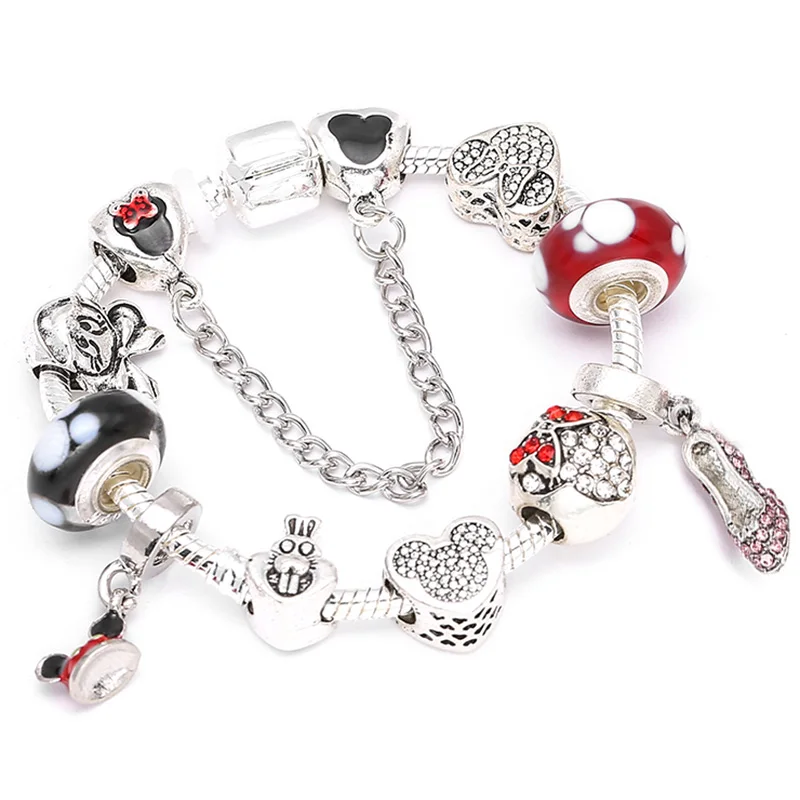 BAOPON Серебряный Змеиный браслет-цепочка с Микки-Маусом, эмалированные бусины, изящные браслеты и браслет для женщин и детей, ювелирные изделия, Прямая поставка