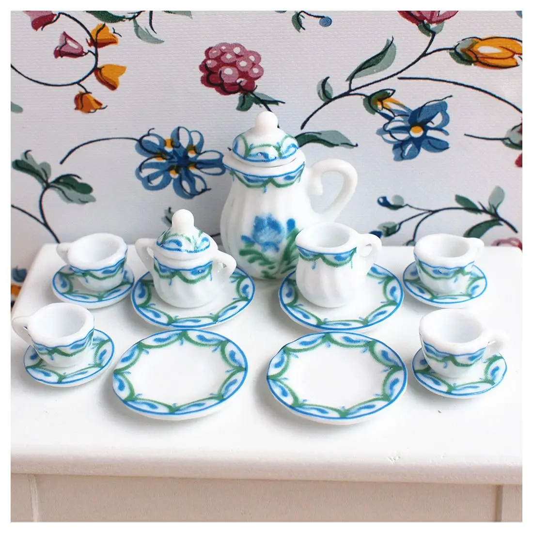 Best продажи Кукольный миниатюрный 1: 12 игрушка кухня столовая 17 шт. Porcelaine чай комплект Кружево