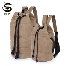 Scione Unisex Canvas Backpack 2 Different Sizes Bucket Drawstring Backpack Travel Luggage Bag Casual Men Laptop Rucksack Mochila