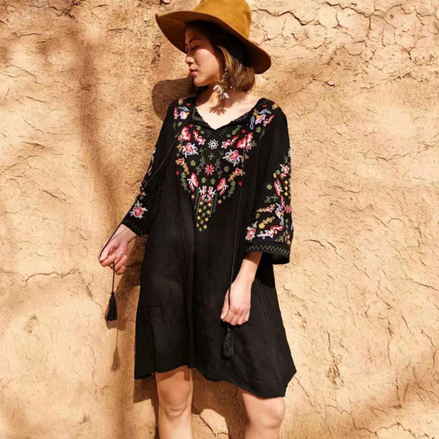 

TEELYNN summer dress Floral Embroidery mini dresses 2018 rayon o-neck short sleeve boho chic dresses Casual loose dress women