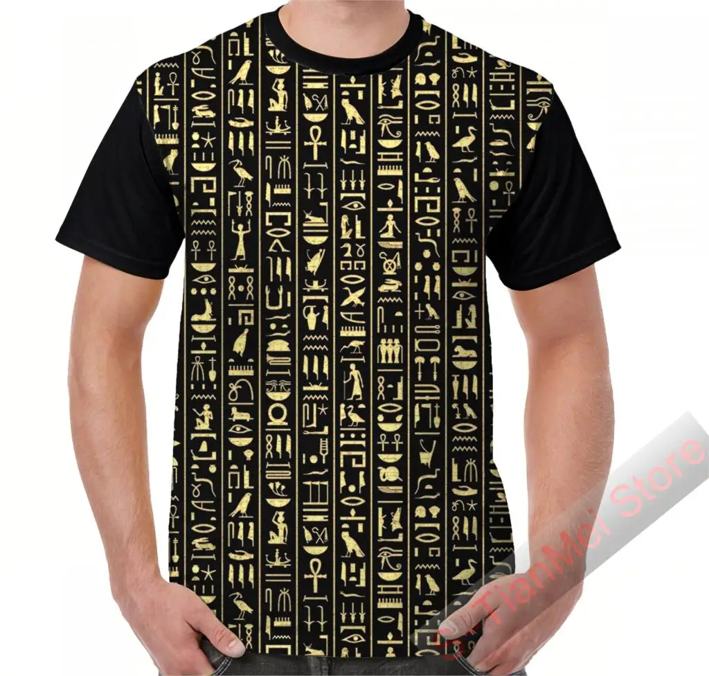 

Summer Graphic t shirt men tops tees Black & Gold Hieroglyphics printed women funny T-Shirt Short Sleeve Casual tshirts