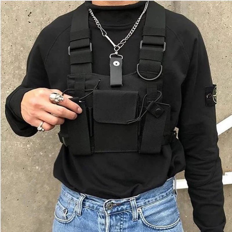 

Black Hip Hop Streetwear Military Chest Rig Bag For Men Functional Waist Packs Adjustable Pockets Waistcoat fashion Chest Bags