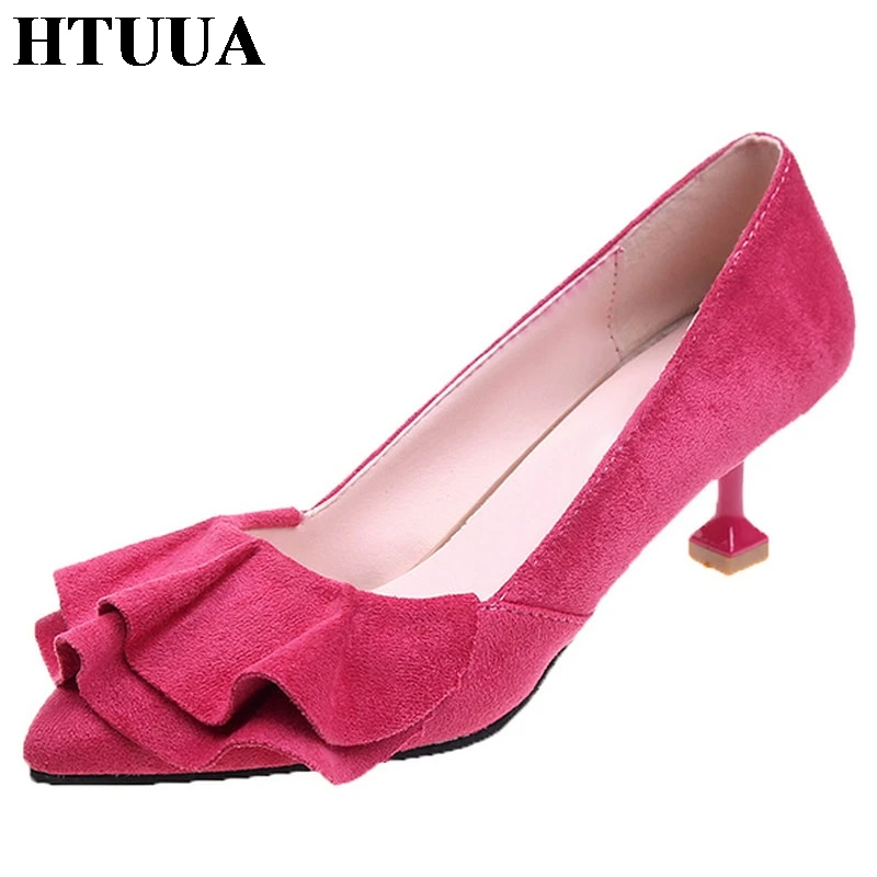 

HTUUA Sexy Pointed Toe Ruffle Women Pumps Sweet Kitten Heel Slip On Shoes Black Red High Heels Daily Office Ladies Shoes SX1973