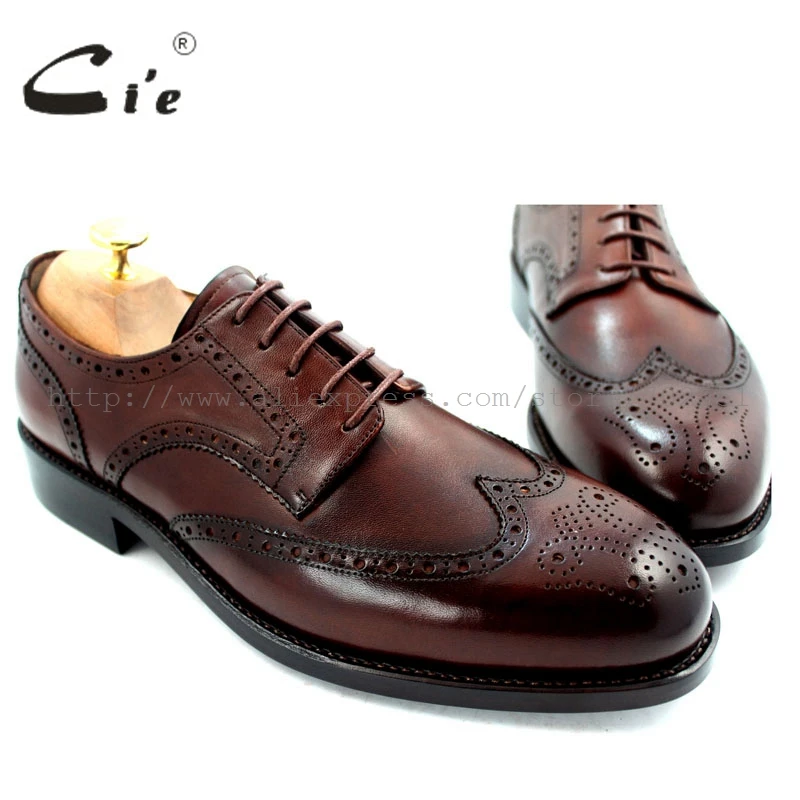 cie Free Shipping Full Brogues Goodyear welted Handmade Genuine Calf Leather Men's Dress Derby Wider Last Dark Brown Shoe No.D51