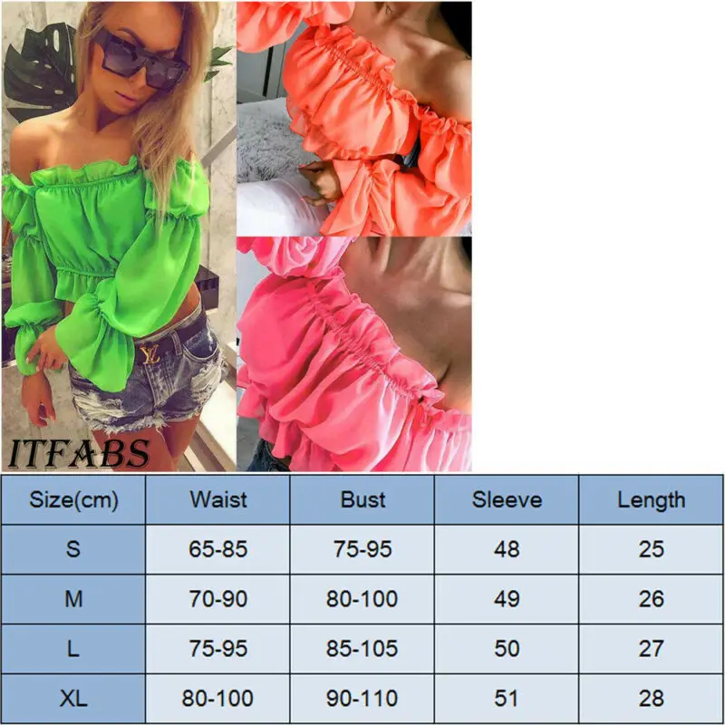 Women Chiffon Blouses Sweet Girls Summer Ruffles Off Shoulder Long Sleeve Loose Shirt Puff Sleeve Blouse Corp Tops Shirt 3Colors