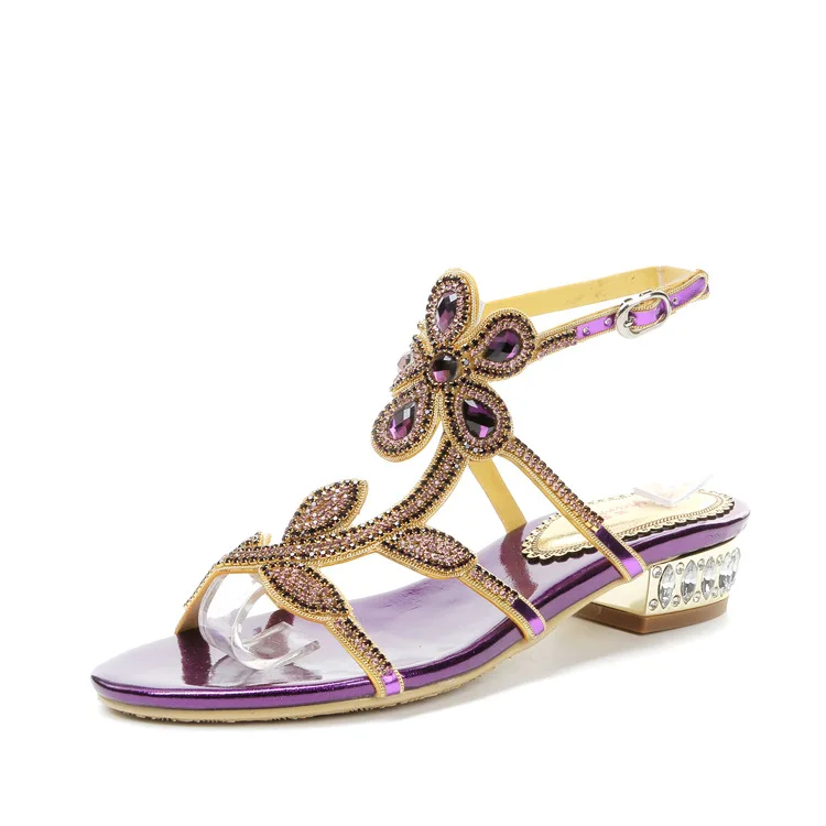 2018 New Elegant Casual Purple High Heel Large Size Summer Shoes Prom Diamond Flat Sandals For Wedding Dress