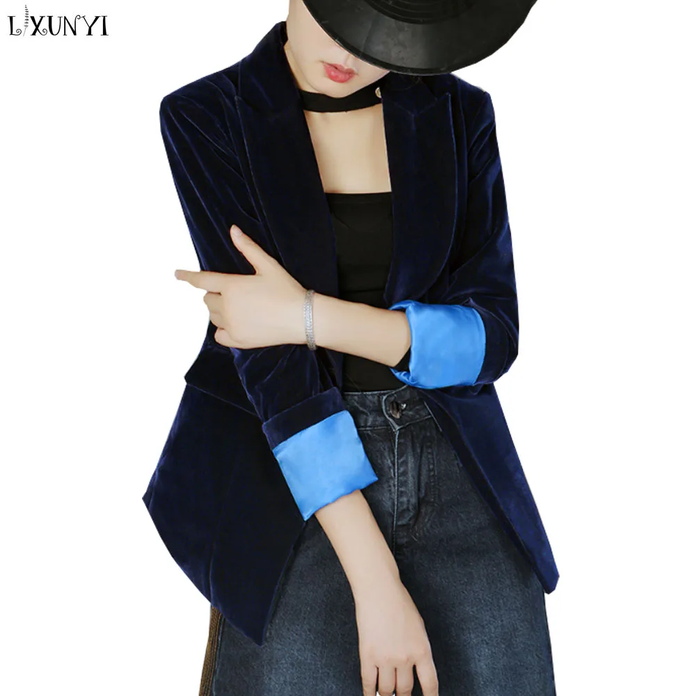 LXUNYI Autumn Blue Velvet Blazer for Women Office Ladies
