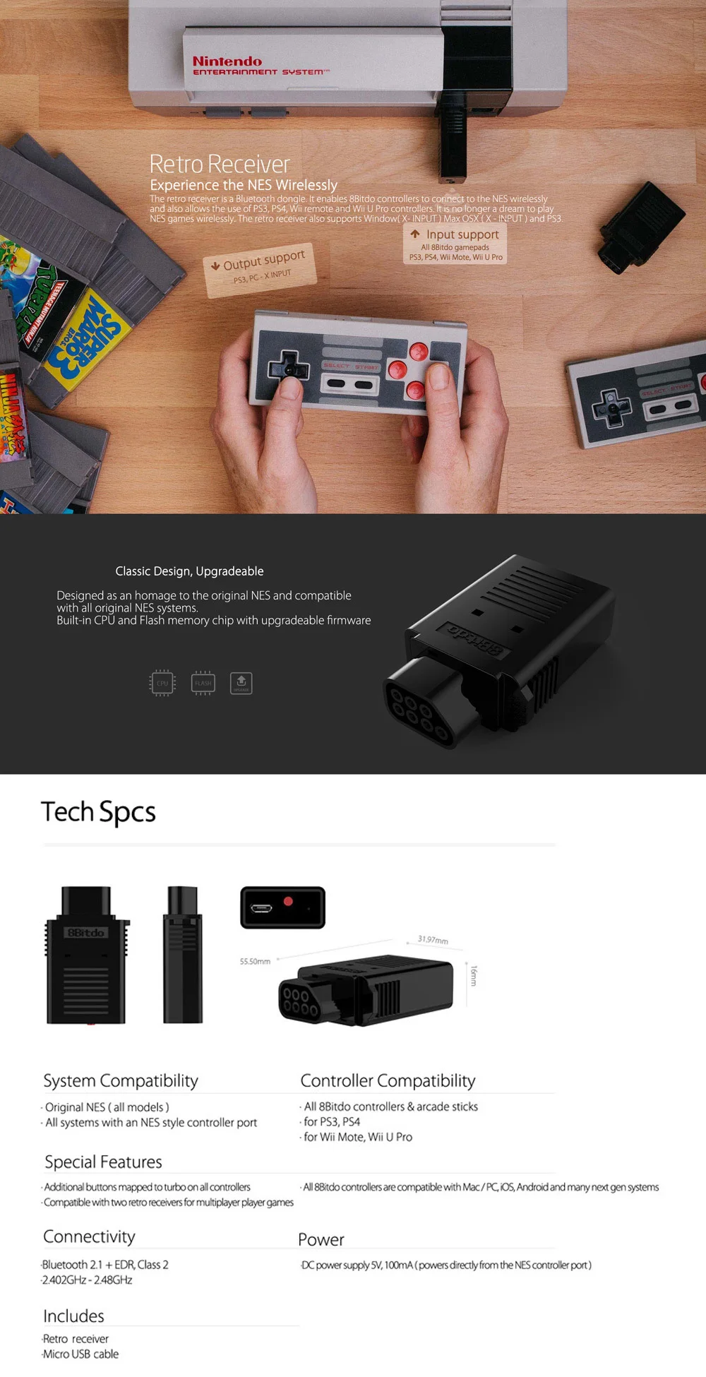 8Bitdo Ретро приемник для NES игровой контроллер совместим с PS3/PS4/wii Mote/wii U Pro игровые контроллеры Finger Spinner