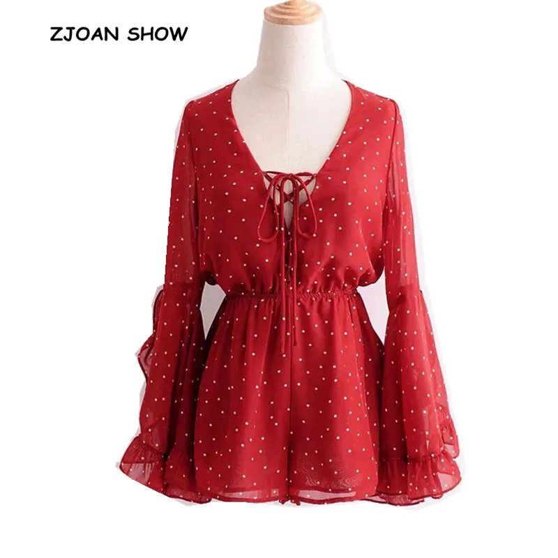 

Bohemian Lace up V neck Polka Dot Print Jumpsuit 2018 Women Ruffles Flare Sleeve Elastic Waist Short Pants Romper Overalls Red