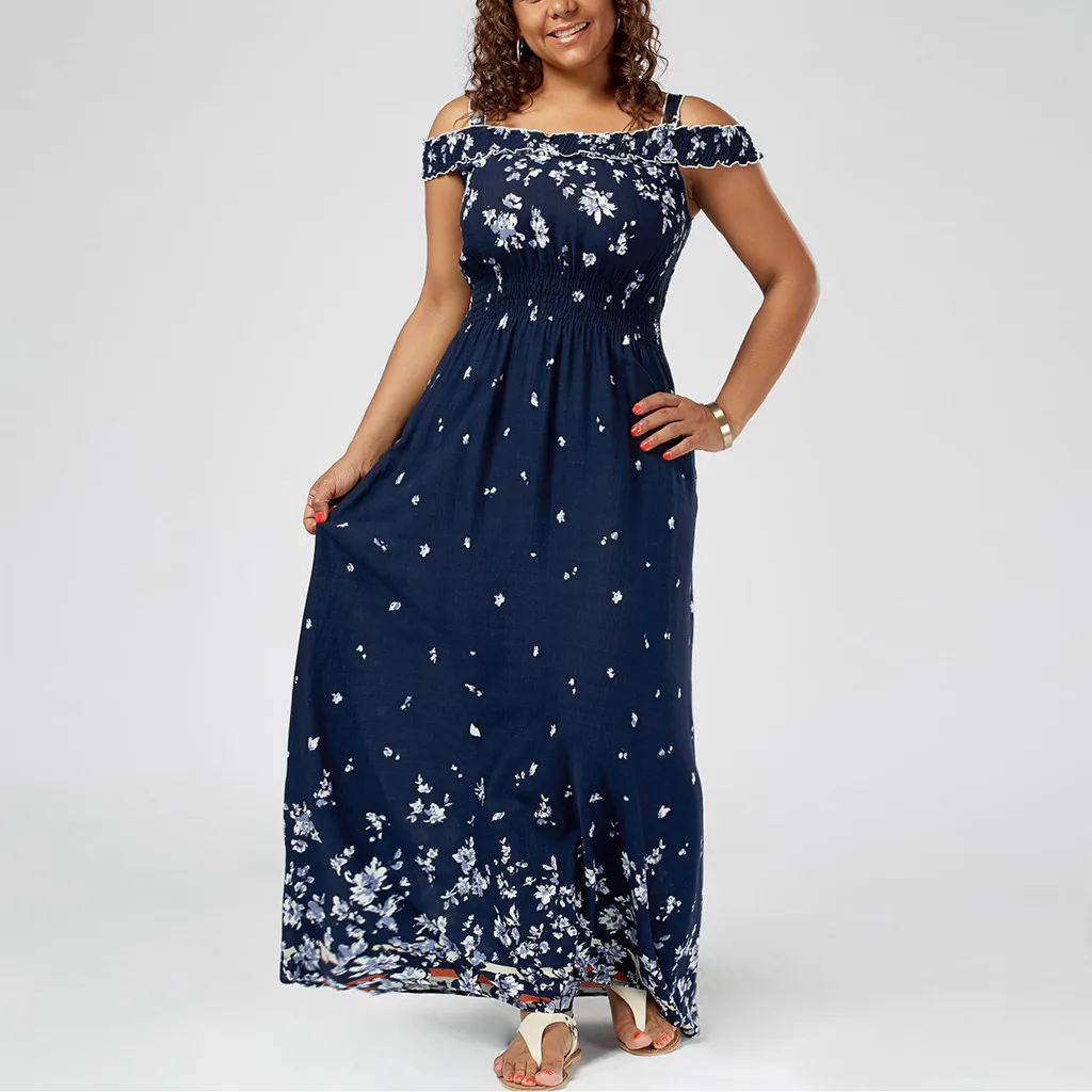 

JAYCOSIN 2019 New Summer Women Dress Fashion Plus Size Casual Boho Ankle-Length Print Slash Neck long Blue Dress sundress 607