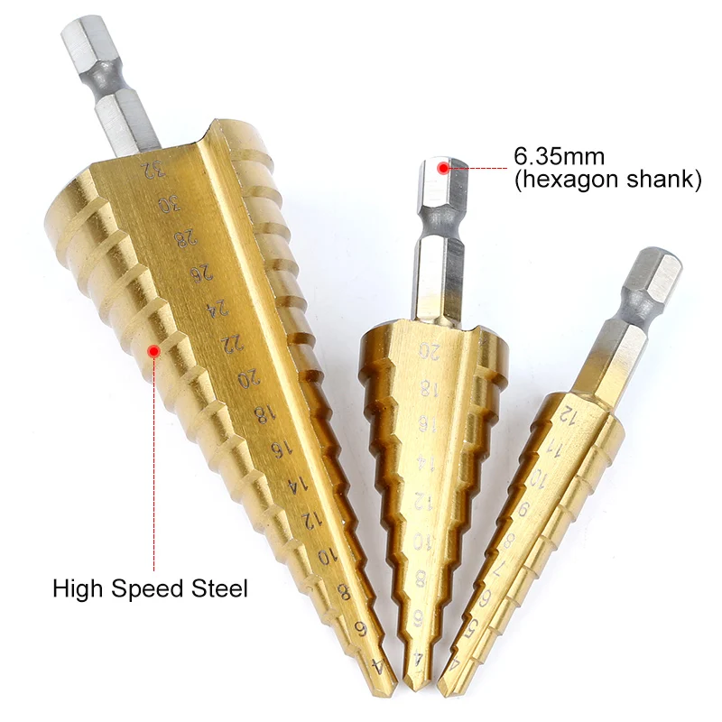 3 Pcs Stepped Drill Bits Hex Shank HSS Titanium Coated Straight Flute Pagoda wood tool hand drill bits brocas para metal 3 Pcs Stepped Drill Bits Hex Shank HSS Titanium Coated Straight Flute Pagoda wood tool hand drill bits brocas para metal