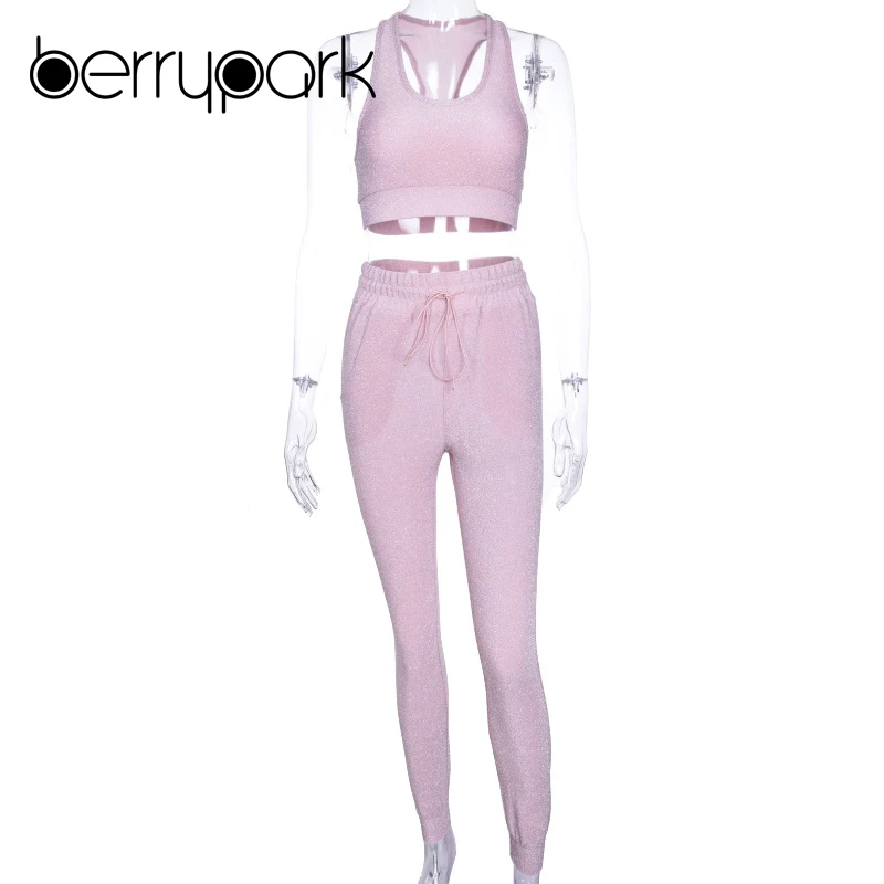 BerryPark NEW 2019 Summer Glitter Pink Workout Clothes Women Yoga Set Bra + Pants Sport Wear Gym Suit Fitness Outfits Wholesale