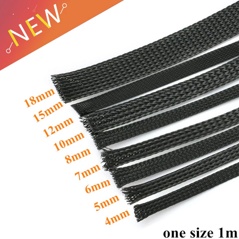 

9 size*1M Cable Sleeve Black Insulated Braided Sleeve Auto Wire Harnessing High Density Sheathing 4/5/6/7/8/10/12/15/18MM