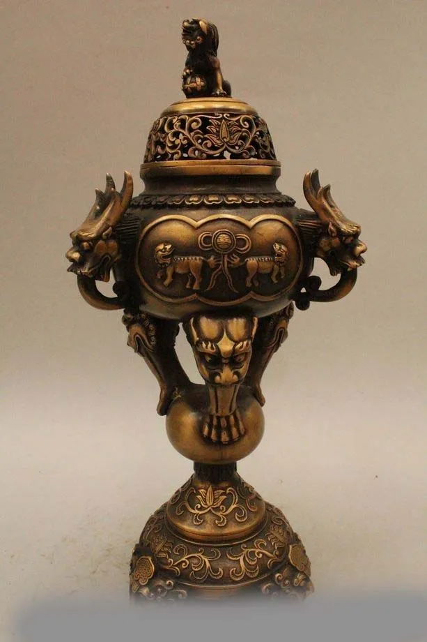 

10" Marked Chinese Dynasty Old Bronze Dragon Lion Beast Incense Burner Censer