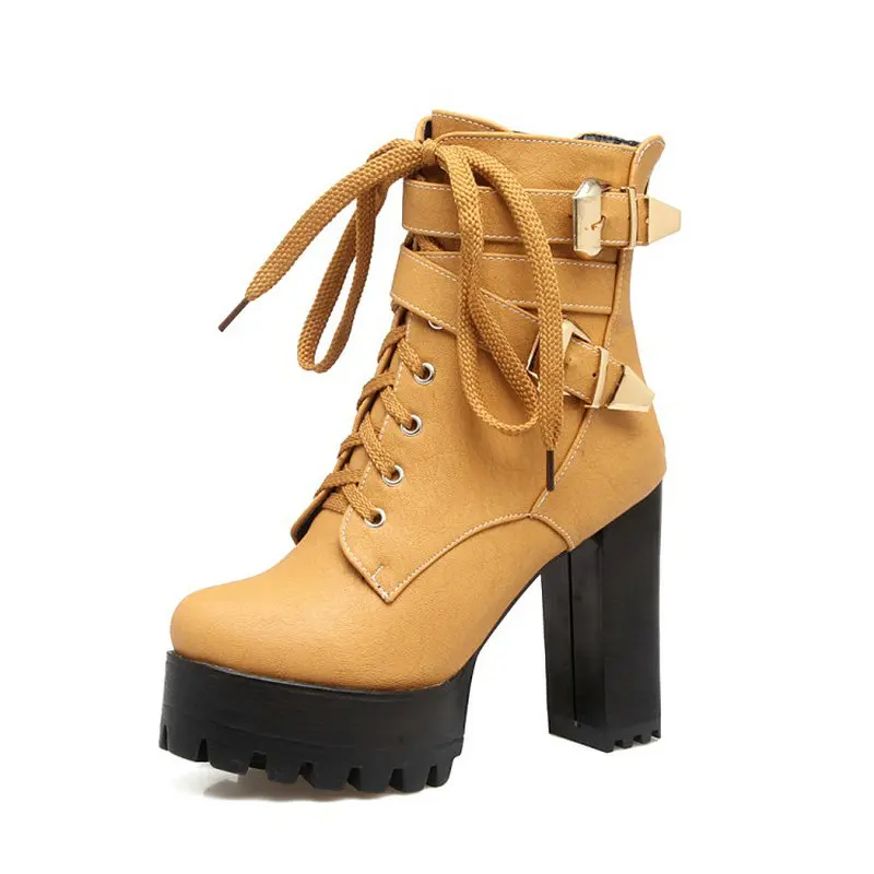 Sianie Tianie/Женская обувь на толстой платформе и высоком каблуке женские ботильоны на шнуровке с пряжкой на ремешке размера плюс 33-48, 45, 46, 47 - Цвет: yellow