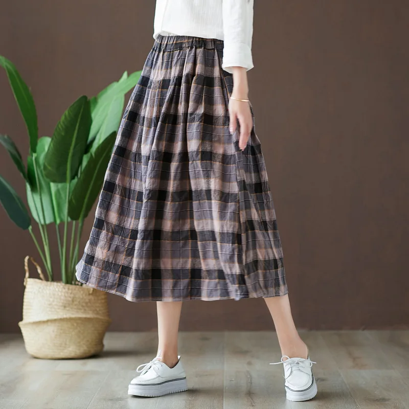 KYQIAO jupe femme women autumn spring Japanese style brief elegant long elastic waist plaid skirt faldas mujer moda