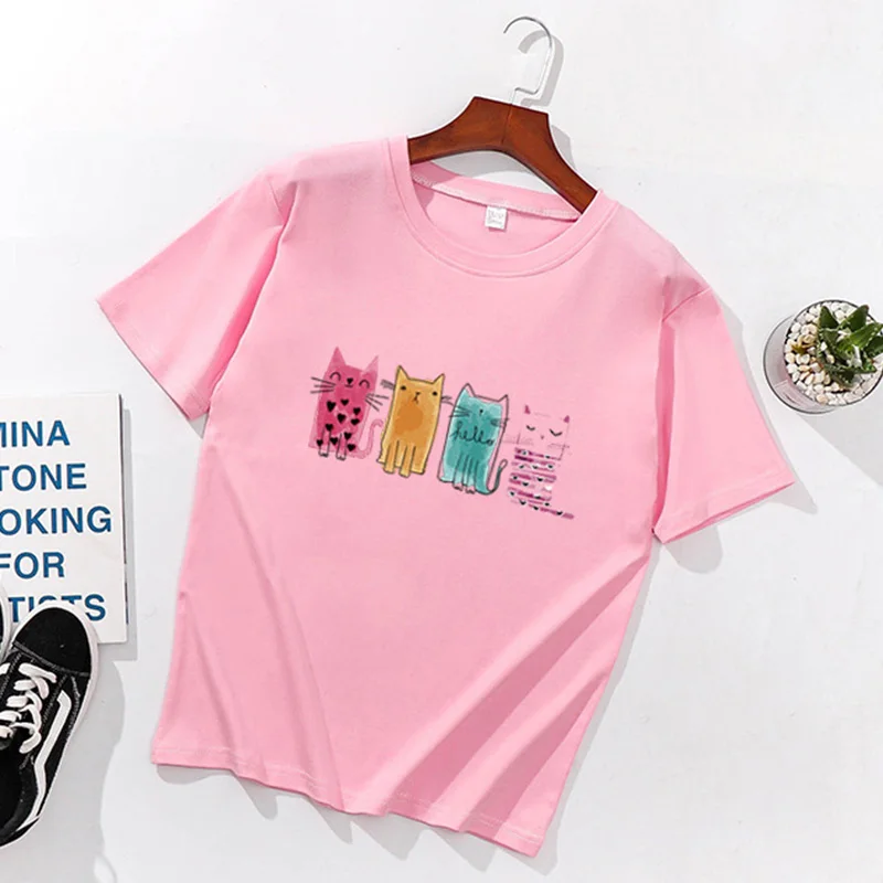 

S-3XL Watrecolor Cat Print Spandex Soft feeling T Shirt Women Shirts O Neck Short Sleeve Summer T-Shirt Tops Casual Pink TShirt