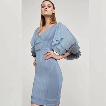 

2018 New Fashion Celebrity Blue Black Short Sleeve Ruffles Bandage Dress Elegant V Neck Autumn Patchwork Sexy Vestidos Festa