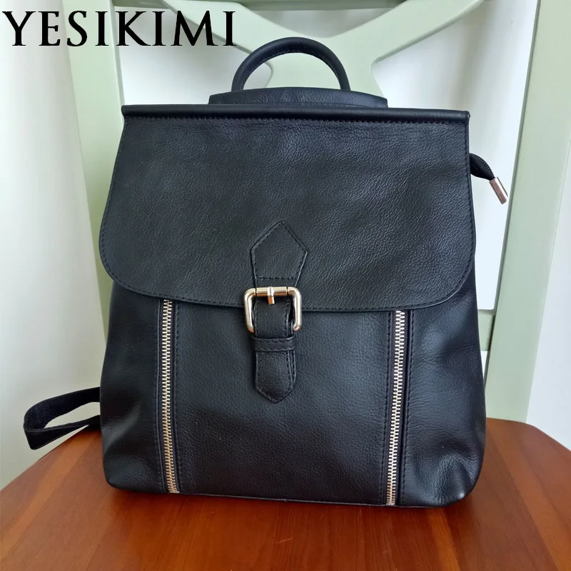 YESIKIMI Genuine Leather Backpacks Women Casual Backpack Cover +Zipper