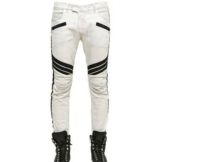 

Sponge mice spring Men's s white jeans Fashion casual patchwork denim black striped pants Long trousers