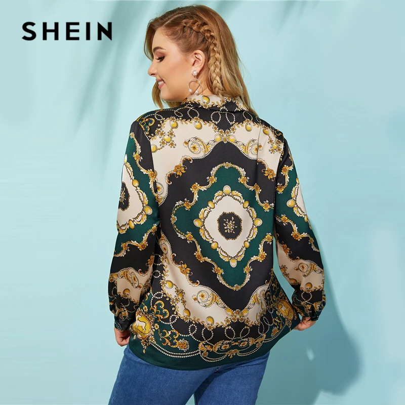  SHEIN Plus Size Multicolor Scarf Print Satin Shirt Blouse 2019 Women Spring Fall Classy Button Coll