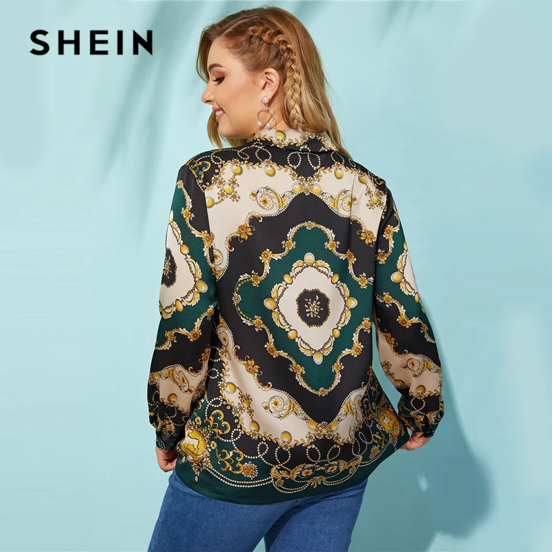 SHEIN Plus Size Multicolor Scarf Print Satin Shirt Blouse 2019 Women Spring Fall Classy Button Coll