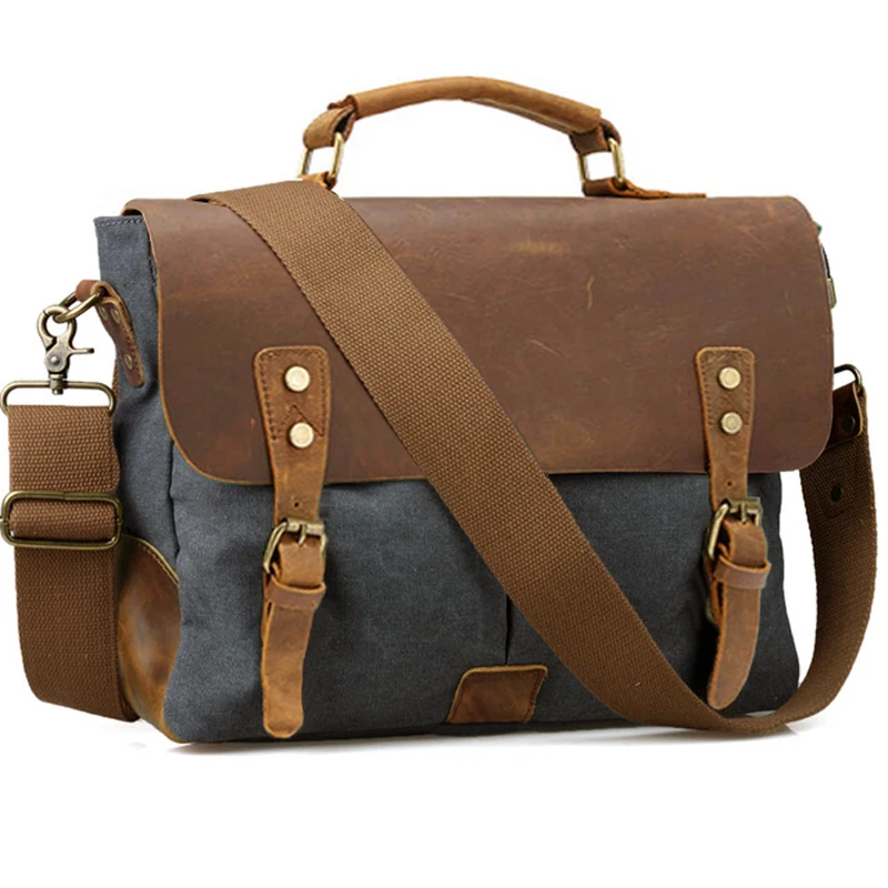 Винтажный кожаный + холщовый мужской портфель, деловая сумка, портфель, Мужская офисная сумка, мужской холщовый портфель, сумка-портфель