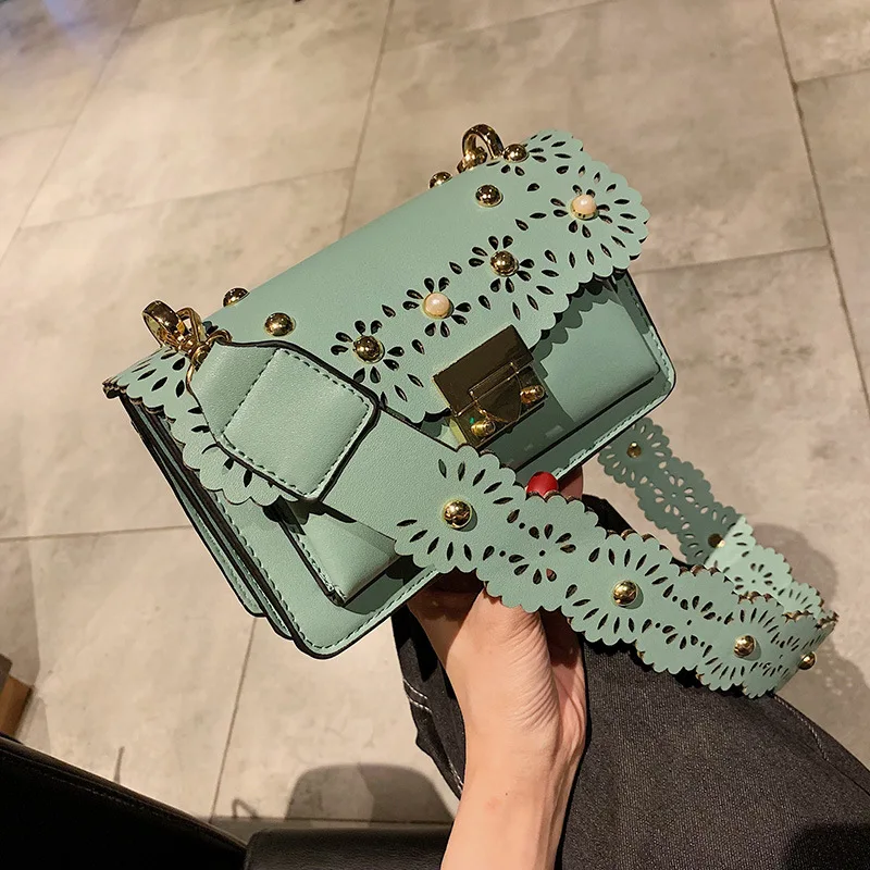 

New Elegant Women Hollow Messenger Bag Versatile Messenger Bag Fashion Broadband Single Shoulder Small Square Bag