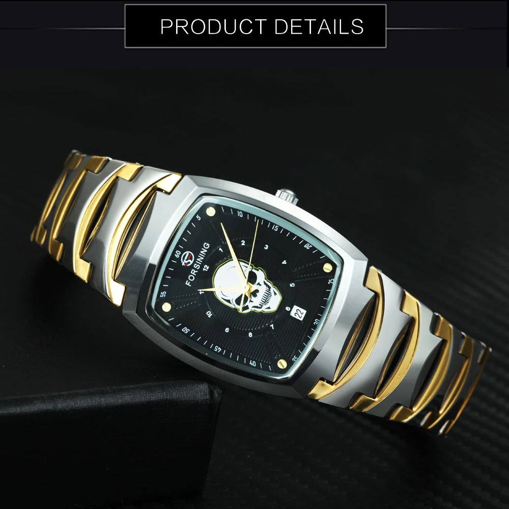 FORSINING Топ бренд Роскошные Кварцевые часы для мужчин нержавеющая сталь Ремешок панк череп часы Шикарный Дизайн Дата дисплей пара наручные часы