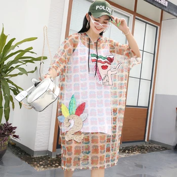 

Sun protection clothing female 2019 new tide brand large size women's sequins cartoon hooded sun protection shirt two-piece