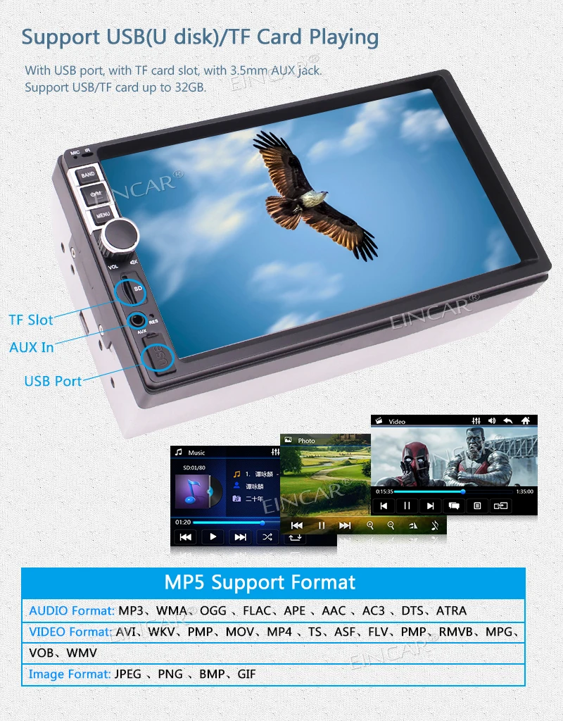Автомагнитола Eincar 2 Din Bluetooth mp5 плеер FM радио 7 дюймовый сенсорный HD экран поддержка
