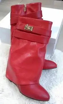 as pic Осенне-зимняя обувь; женская обувь из кожи и замши; Botas Mujer; сапоги на танкетке с пряжкой и ремешком; сапоги до колена с острым носком и застежкой в виде акулы - Цвет: as pic