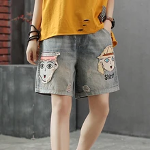 Женские джинсовые прямые короткие милые повседневные модные летние свободные шорты с эластичной резинкой на талии и вышивкой с героями мультфильмов AZ39222330